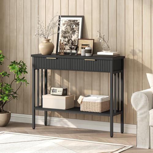 MAHANCRIS 39.4" Console Table with 2 Drawers, Fluted Black Entryway Table | Narrow Long Entry Table with Storage Shelf, Sofa Table for Entryway, Living Room, Foyer, Hallway, Office, Black CTHB5101 - size: 11.8"D x 39.4"W x 32.3"H