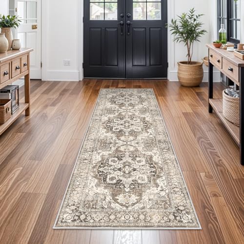 Washable Hallway Runner Rug 2x6: Soft Kitchen Rug Non Slip Rug Runner with Rubber Backing for Living Room Bedroom Bathroom Non Shedding Farmhouse Carpet Runner Rug (Beige/Brown/Grey, 2x6) - color: Beige, size: 2' x 6' (Rectangular)