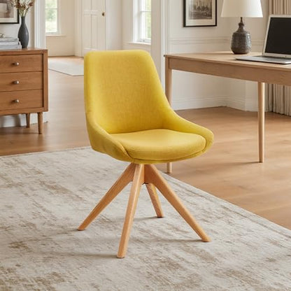 Swivel Desk Chair for Home Office, Oak Wood, Fabric, Yellow | No Wheels Design, Solid Wood Legs, Mid Century Modern, Upholstered, 360° Swivel, Low Armrests, Living Room, Bedroom - color: Yellow