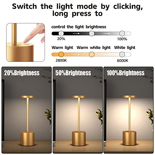 2Pack Cordless Table Lamp, Rechargeable LED Battery 5000mAh Metal USB Portable Powered Desk Lamp, 3 Levels Brightness Light for Restaurants Outdoor (2pack 10.25in Gold) | Battery 5000mAh Metal USB Portable Powered Desk Lamp, 3 Levels Brightness Light for