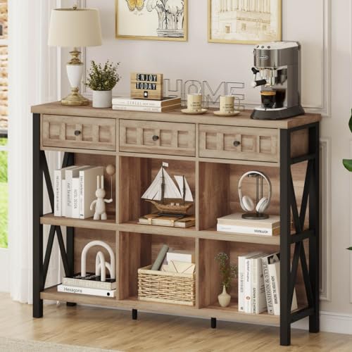 Rustic 6 Cube Storage Organizer Bookshelf with 3 Drawers, 47 Inch Long Horizontal Bookshelf, Industrial Wood Short Low Cube Bookcase for Living Room, Home Office (Rustic Oak) - color: Rustic Oak, size: With Drawer