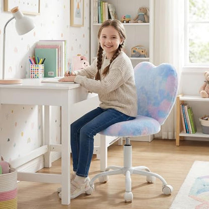 chairus Kids Desk Chair Faux Fur Study Chair for Teenage Girls, Adjustable Heart Shaped Kids Vanity Chair for Bedroom Reading Living Room, Small Cute Student Task Chair with White Foot, Baby Blue - color: Baby Blue