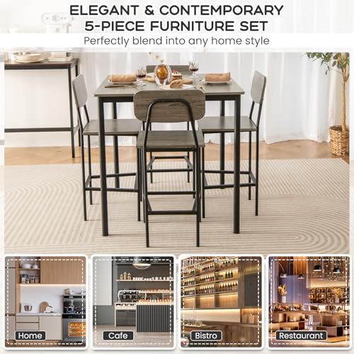 Giantex 5-Piece Dining Table Set W/Counter Height Table & 4 Bar Stools, Modern Kitchen Dining Set W/Footrest & Backrest, Space-Saving Dinette Set for Pub, Dining Room, Restaurant (Black Oak) - color: Black Oak