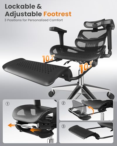 naspaluro Ergonomic Office Chair Lumbar Support High Back 350lbs Capacity | Adjustable Height Breathable Mesh Swivel Desk Chair with 3D Armrest Headrest, Footrest, PU Wheels, Comfy Computer Chair Black - color: Black