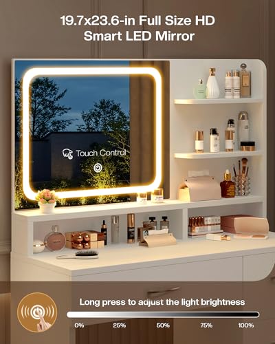 LIVELYGLOW White Makeup Vanity Desk with Charging Station & 4 Drawers | Smart LED Mirror, Cushioned-Stool, Hairdryer Rack - color: Ivory White