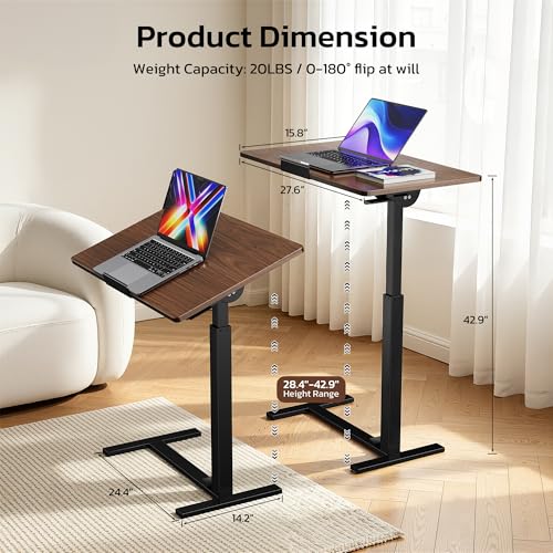 Mobile Standing Desk Adjustable Overbed Table, Pneumatic Height Adjustable Rolling Laptop Desk with Hidden Wheels, 0-180°Tilt Top Rolling Computer Cart Foldable for Home Office, Craft & Study, Brown - color: Brown, style: Fully Tiltable