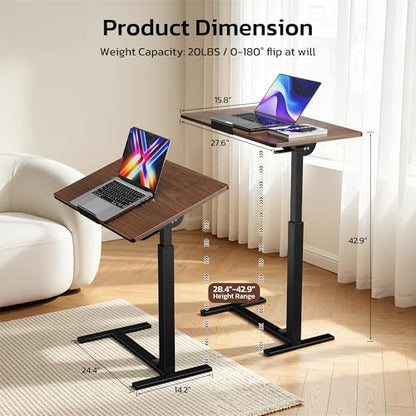 Mobile Standing Desk Adjustable Overbed Table, Pneumatic Height Adjustable Rolling Laptop Desk with Hidden Wheels, 0-180°Tilt Top Rolling Computer Cart Foldable for Home Office, Craft & Study, Brown - color: Brown, style: Fully Tiltable