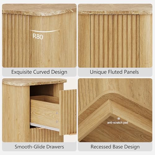 win2win Narrow End Table with Charging Station, Fluted Drawers, Oak | Tall Small Side Table with Storage , Boho Nightstand with Faux Marble Top , Wood Beside Table for Living Room , Bedroom - color: Oak