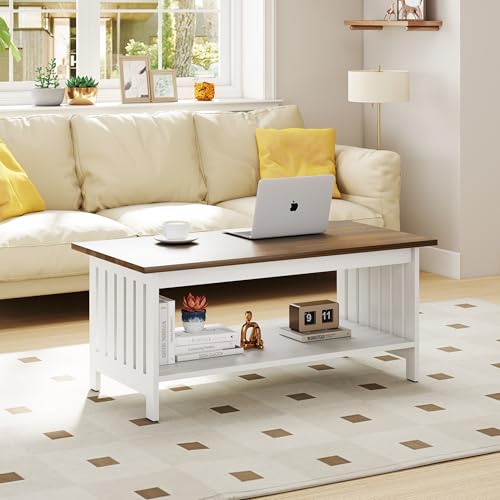 39.4" Farmhouse Coffee Table, Small Coffee Tables for Living Room | White, 2 Tier Coffee Table with Storage, Tea Table for Living Room Bedroom Small Space - color: White