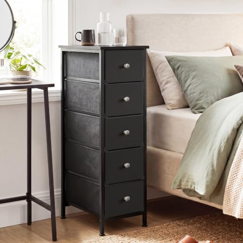 Fixwal Narrow Storage Cabinet, Slim Dresser with 5 Fabric Drawers, Black | 9.5in width, sturdy & stable structure, solid steel frame, wooden top, suitable for bedroom, bathroom & laundry room - color: Black, size: 16.5"D x 9.5"W x 36.6"H (5 Drawers)