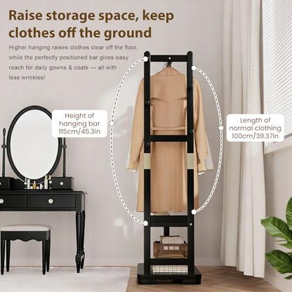 Solid Wood Clothes Rack with 2 Shelves & 4 Hooks for Hanging Clothes Garment Wallets Hats, Black Clothing Rack Heavy Duty Coat Rack Freestanding with Storage Hall Tree for Hallway Bedroom Living Room | Hallway bedroom living room, durable wood constructio