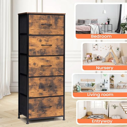 Tall Dresser Vertical Fabric Storage Tower, 5 Drawers (Rustic Brown) | Sturdy Steel Frame, Wood Top and Easy Pull Handle, Space-saving Organizer for Clothes, Bedroom, Hallway, Entryway, Closets - color: Rustic Brown, style: Narrow