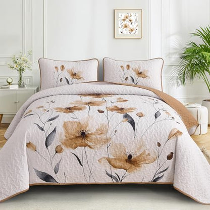Mybedsoul Full/Queen Quilt Set Brown, 3 Pcs Fall Bedspreads & Coverlets Set | Summer Lightweight Farmhouse Botanical Bedding Set with 2 Shams, Reversible Polyester Coverlet Set for All Seasons, 96"x90" - color: Brown, size: Queen96"x90"