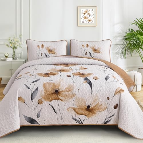 Mybedsoul King Size Quilt Set Brown, 3 Pcs Fall Bedspreads & Coverlets Set | Summer Lightweight Farmhouse Botanical Bedding Set with 2 Shams, Reversible Polyester Coverlet Set for All Seasons, 104"x90" - color: Brown, size: King104"x90"