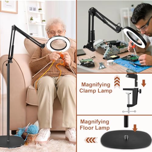 LANCOSC 15X Magnifying Glass with Light and Stand, Real Glass Lens, 5 Color Modes Dimmable, 3-in-1 Adjustable Swing Floor Lamp, LED Lighted Hands Free Magnifier & Clamp for Reading, Crafts, Painting - color: Black