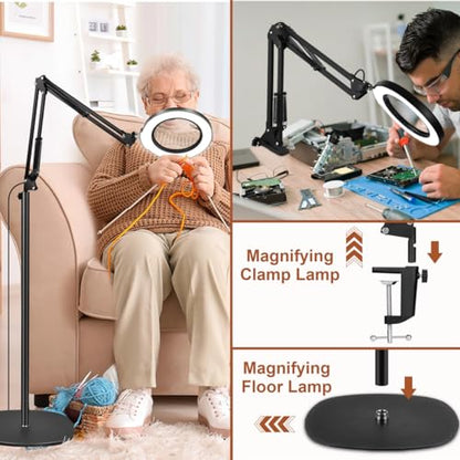 LANCOSC 15X Magnifying Glass with Light and Stand, Real Glass Lens, 5 Color Modes Dimmable, 3-in-1 Adjustable Swing Floor Lamp, LED Lighted Hands Free Magnifier & Clamp for Reading, Crafts, Painting - color: Black