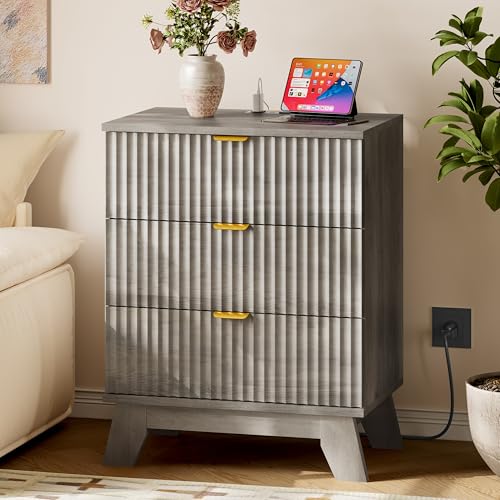 BORNOON 30.5" Nightstand with Charging Station, 3-Drawer Fluted Bedroom Chest, Wood Bedside Dresser with Power Outlets and USB Ports, Metal Slides, Stable Base, Modern Storage Cabinet for Small Spaces - color: Rustic Drift, size: 3-Drawer with Strip