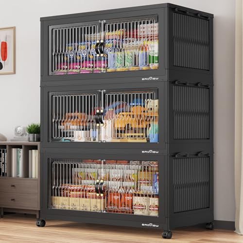 BROVIEW 600Qt Stackable Storage Bins with Lid for Home Dorm, 3Pack Black | Closet Organizers, Foldable & Collapsible Cabinets, Large Containers, Wheels & Magnetic Doors, Plastic Drawers for School - color: Black, size: 200QT-3Pack