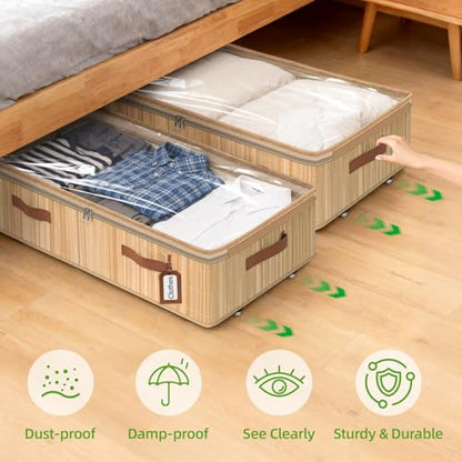 Livole 2 Pack Bamboo Under Bed Storage Containers with Wheels | Breathable Bamboo, Invisible Wheels, 6 inches Height, 56L Large Capacity, Easy Setup, Handles, Clear Lid