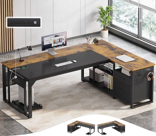 71" L Shaped Executive Desk, Office Desk with Storage Drawers | Reversible Modern Computer Desk with File Cabinet & Shelves, Large Corner Desk with Pegboard, Mobile CPU Stand, Brown - color: Brown, size: 2 Drawers