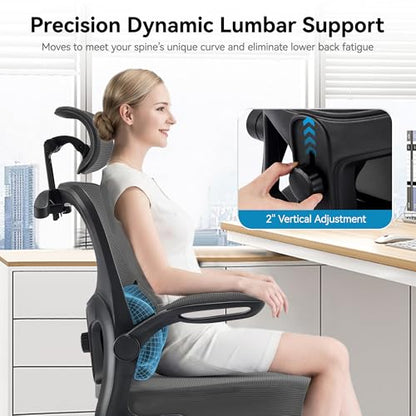 Ergonomic Office Chair, Desk Chair with Adjustable Lumbar Support | High Back Breathable Mesh Computer Chair with Adjustable Headrest,Hanger,Flip Up Armrest and Rocking Function for Home Office - color: Dark Gray