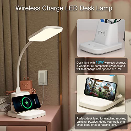 LED Desk Lamp with 10W Wireless Charging & Pen Holder, Snow White | CRI 95, 800LM, Stepless Dimming, 3 Modes, 360°Flexible Arm, Touch, Study Table Lamp for Home Office, Dorm Room, with Adapter - color: Snow White