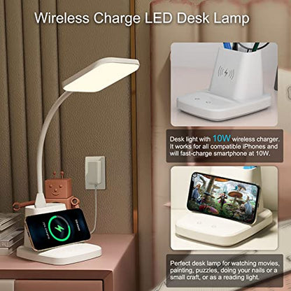 LED Desk Lamp with 10W Wireless Charging & Pen Holder, Snow White | CRI 95, 800LM, Stepless Dimming, 3 Modes, 360°Flexible Arm, Touch, Study Table Lamp for Home Office, Dorm Room, with Adapter - color: Snow White