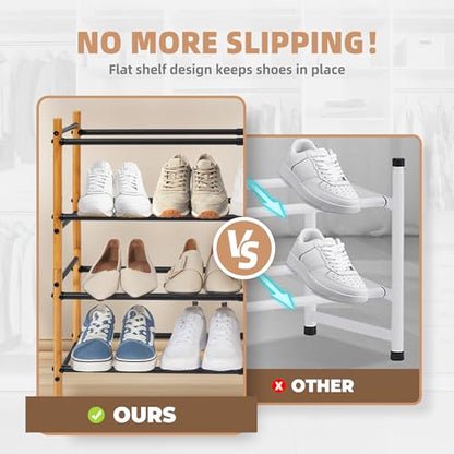 Storage MANIAC Expandable Shoe Rack, 16 Pairs Stackable Small Shoe Rack, Metal Adjustable Shoes Organizer for Closet, Entryway, Hallway, Garage, Front Door, Shoes Shelves, Bamboo 4 Tier - size: 4 Tier