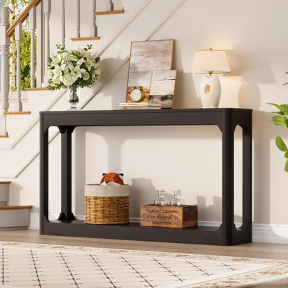 55.1" Console Table, Entryway Sofa Table for Hallway, Black | Engineered wood, Slim console table, curved legs, 2-tier storage, entryway hallway sofa living room - color: Black