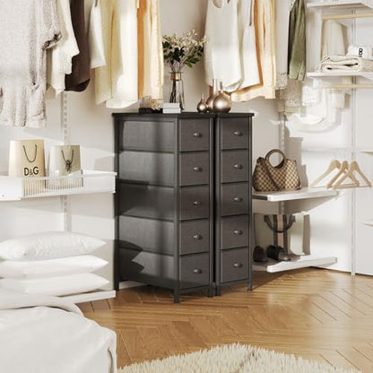 Narrow Dresser, 19" Wide Narrow Nightstand Dresser Storage Tower with 5 Drawers, Slim Fabric Dressers Chest of Drawers for Small Spaces, Wood Top & Fabric Bins for Bedroom Bathroom Closet (Black) - color: Black