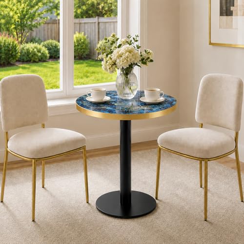 TesNus 23.6" Small Round Dining Table for 2, Circle Tulip Table, Faux Marble Top with Black Metal Pedestal Base, Modern Leisure Coffee Table for Small Spaces, Cafe, Office, Blue&Black - color: Blue Top&black Base