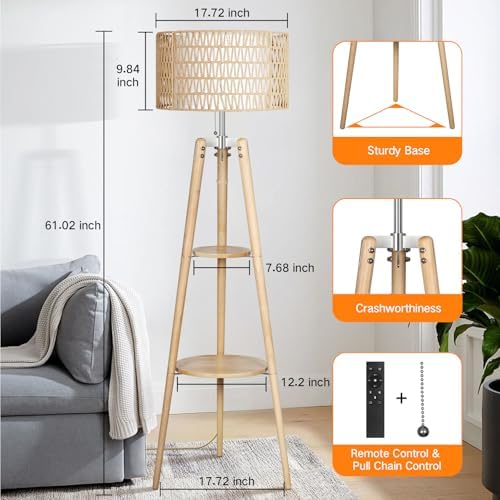 OUTON Boho Rattan Tripod Floor Lamp with Shelves, Dimmable Mid Century Modern Standing Lamp with Remote Control,Wood Tall Floor Lamps for Living Room Bedroom Office Farmhouse Bulb Included - color: Wood