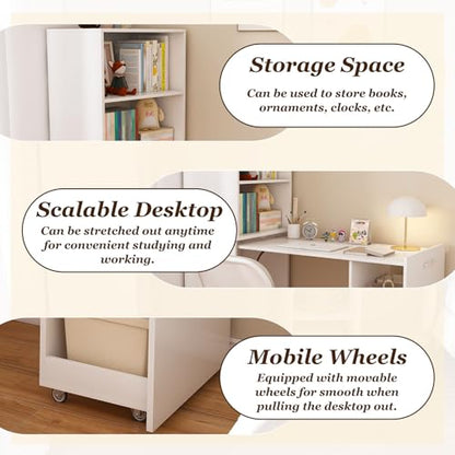 Fold Out Desk with Storage Shelves & Mobile Wheels | Convertible Pull-Out Murphy Desk for Small Spaces | Hidden Writing Computer Desks for Home Office, Apartment & Bedroom - color: White-