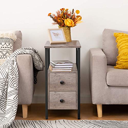 HOOBRO End Table, Narrow Chairside Table with Drawer and Open Storage Shelf, Nightstand for Small Spaces, Stable and Sturdy Construction, Wooden Look Accent Furniture, Greige and Black BG548BZ01G3 - color: Greige + Black