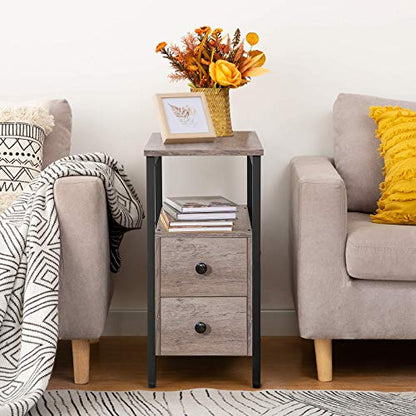 HOOBRO End Table, Narrow Chairside Table with Drawer and Open Storage Shelf, Nightstand for Small Spaces, Stable and Sturdy Construction, Wooden Look Accent Furniture, Greige and Black BG548BZ01G3 - color: Greige + Black