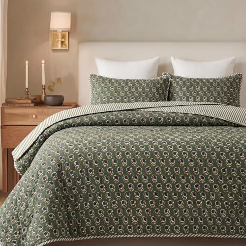 Block Print Reversible Cozy Quilt Basil Green Queen 90" x 96" Lightweight Blanket for Sofa, Couch, Bed Soft Breathable Comforter Handmade Bedspread Duvet for Farmhouse, Home, Winter - color: Basil Green, size: Queen 90" x 96"