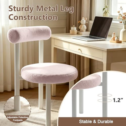 Cute Small Armless Desk Chair, Ergonomic Comfy Vanity Chairs Lumbar Support with Back for Makeup, Teddy Fabric Computer Desk Chair for Home, Bedroom, Vanity, Teens, Adults - color: Pink
