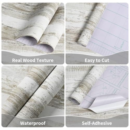 WENMER White and Brown Rustic Wood Grain Wallpaper, 17.3" x 157", Peel and Stick, Waterproof, Multi-Surface Use - size: 197" x 17.3"