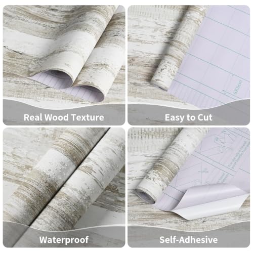 WENMER White and Brown Rustic Wood Grain Wallpaper, 17.3" x 590". Peel and Stick, Waterproof, Multi-Surface Use - size: 590" x 17.3"