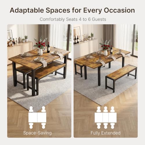 63“ Extendable Dining Table Set with 180° Smart-Flip Pivot, Retro | Dining Table Set for 4,Kitchen Table with Bench,Small Dining Table,Perfect for Small Space,Dinner Room Table Set for 6 - color: Rustic