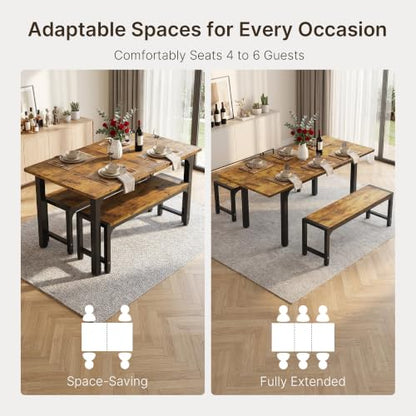 63“ Extendable Dining Table Set with 180° Smart-Flip Pivot, Retro | Dining Table Set for 4,Kitchen Table with Bench,Small Dining Table,Perfect for Small Space,Dinner Room Table Set for 6 - color: Rustic