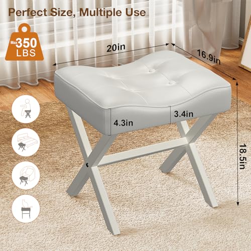 18-Inch Large Leather Vanity Stool Chair, White Makeup Stool | Vanity Bench, Metal X-Leg, 350 LBS, 20"x16.9"x18", Ottoman Accent Stool, Thick Padded Saddle Seat, For Living Room Bedroom - size: Large, style: White Leather