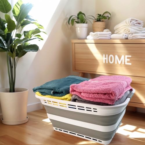 SAMMART 42L (11 Gallons) Collapsible Plastic Laundry Basket - Foldable Pop Up Storage Container/Organizer - Portable Washing Tub - Space Saving Hamper/Basket [BPA Free] (White/Grey) - color: White/Grey