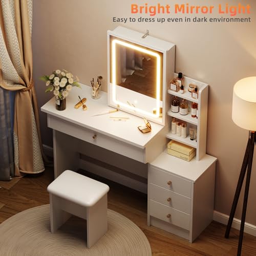 White Makeup Vanity Desk with Sliding Mirror & 4 Drawers | Smart LED Mirror, 3 Adjustable Lighting Modes, Vanity Chair, 4 Drawers, 7 Shelves, Dressing Table for Women, Girls - style: White with Slide mirror