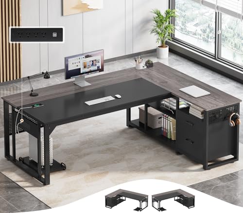 71" L Shaped Executive Desk, Office Desk with Storage Drawers | Reversible Modern Computer Desk with File Cabinet & Shelves, Large Corner Desk with Pegboard, Mobile CPU Stand, Grey - color: Grey, size: 2 Drawers