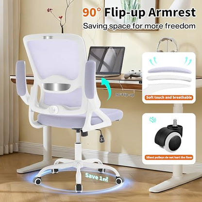Ergonomic Office Chair,Mesh Office Chair with Lumbar Support,Mid Back Desk Chair with Flip-up Arms,400 lbs Comfy Computer Chair for Home Office - color: Lavender