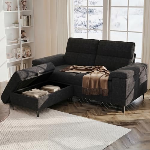 71.25" L Shaped Sectional Couches Deep Seat Sofa for Living Room(Dark Gray) | Storage Ottoman & 8”Cushion, Comfy 2-Seater Chenille Loveseat, Convertible Armrest, Removable Cover for Small Space - color: Dark Gray, size: 71.25" Couch & Ottoman