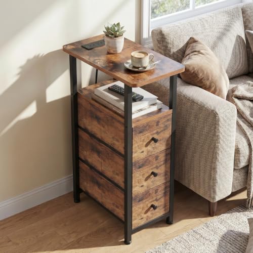 Narrow End Table with Charging Station, Small Nightstand | Skinny Side Tables Living Room with 3 Fabric Drawers, Slim Bedside Table for Bedroom, Small Spaces, Couch, Brown - color: Rustic Brown, size: 27.55''H (3 Drawers), style: Power