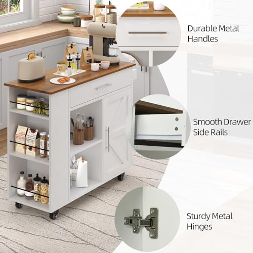 4 EVER WINNER 39" Rolling Kitchen Island with Storage and Drawer, Farmhouse Kitchen Island on Wheels with 3-Tier Spice Rack, Adjustable Shelf & Towel Rack, Mobile Kitchen Cart for Small Space, White - style: WHITE
