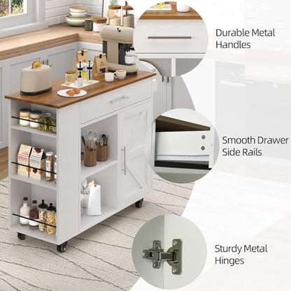 4 EVER WINNER 39" Rolling Kitchen Island with Storage and Drawer, Farmhouse Kitchen Island on Wheels with 3-Tier Spice Rack, Adjustable Shelf & Towel Rack, Mobile Kitchen Cart for Small Space, White - style: WHITE